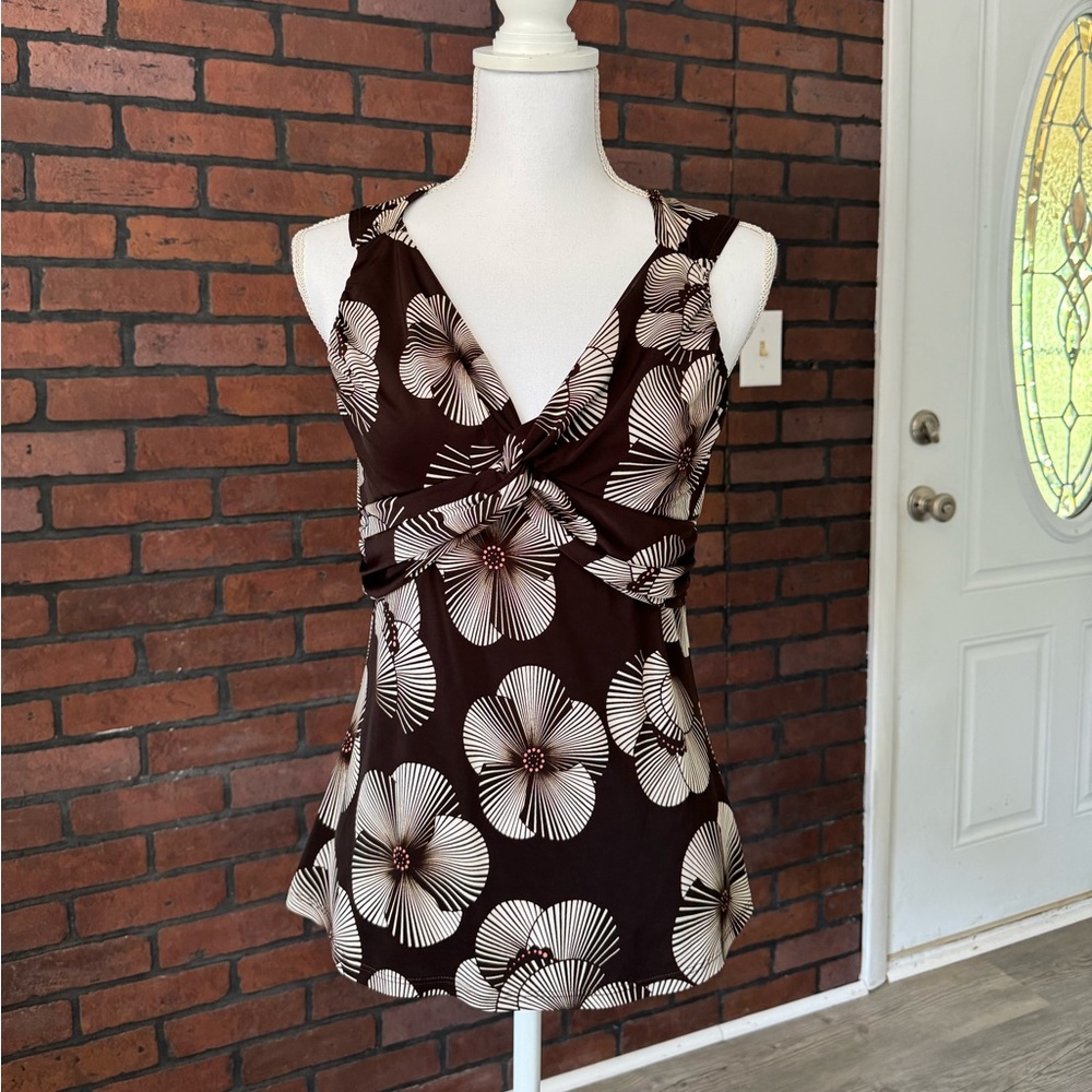 Tempted Womens Medium Brown Floral Twist‎ Front Tank Top Y2K USA Made